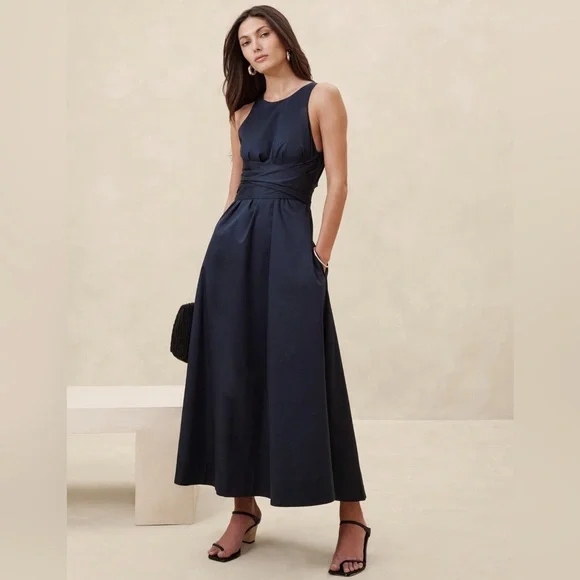 white christmas dresses Royal Blue Cotton Poplin A-Line Deep Neck Maxi Tier Dress 46